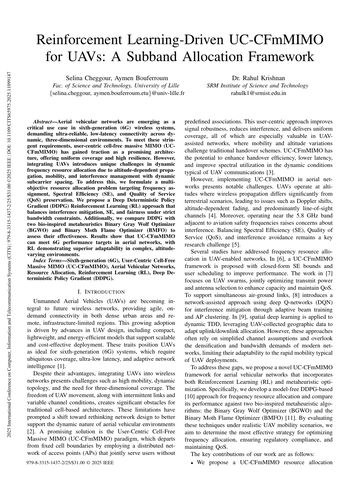 First page of the paper: Reinforcement Learning-Driven UC-CFmMIMO for UAVs: A Subband Allocation Framework